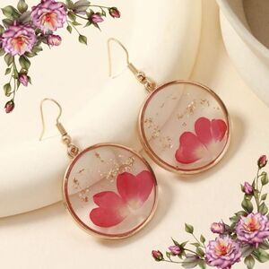 Dried Flower Red‎ Heart Petal Round Earrings